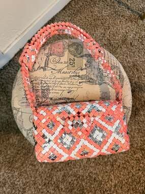 Y2K Candy Wrapper Style Woven Shoulder Bag Coral Pink Silver Mini Purse